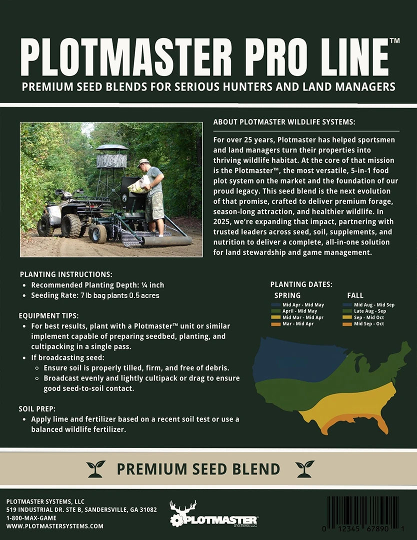 Plotmaster Pro Line seed blend packaging with planting instructions